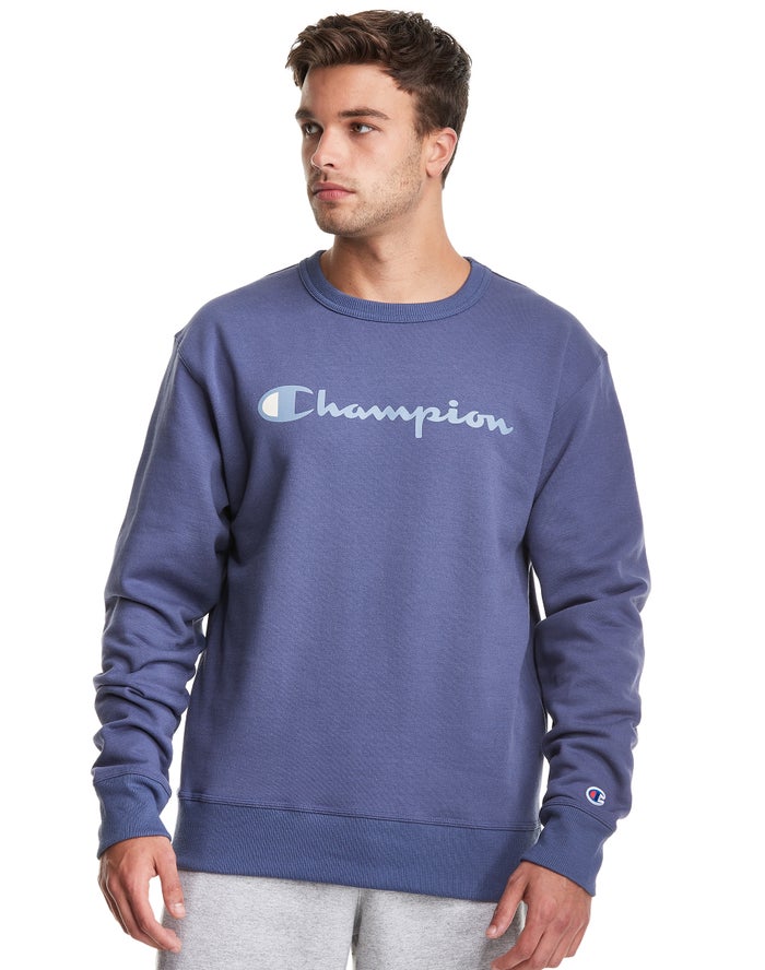 Hanorac Champion Powerblend Fleece Crew Script Logo Barbati Albastri - Romania IYDSAZR-47